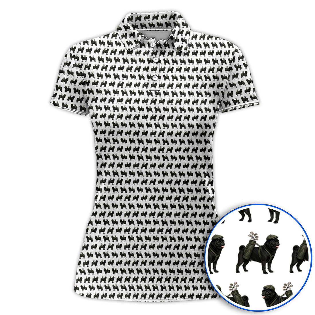 Black Pug Pattern Golf Polos, Funny Pug Golf Shirt, Golf Gift For Golfer