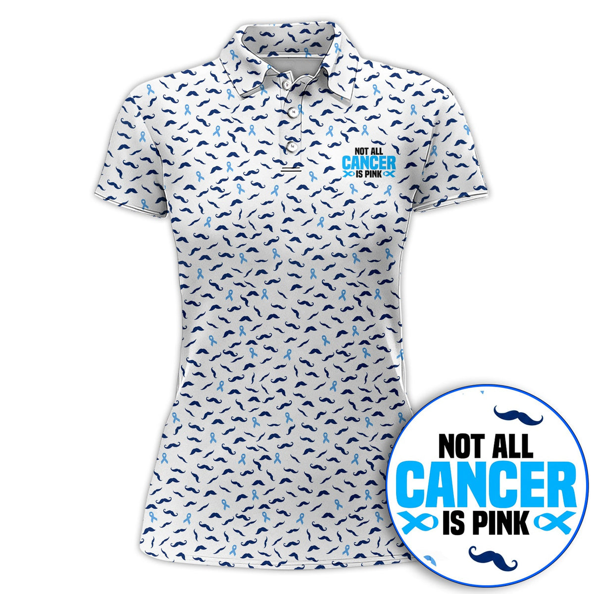 Prostate Cancer Awareness Golf Shirt, Blue Ribbon Mustache Pattern Golf Polos, Support Gift for Golfers
