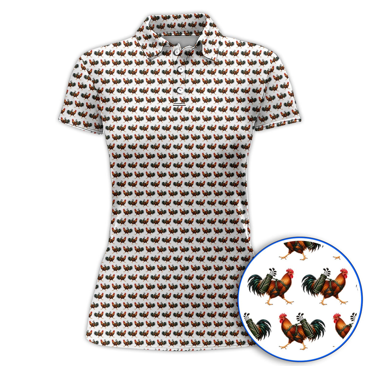 Rooster Pattern Golf Polos, Rooster Golf Shirt For Chicken Lovers, Golf Gift For Golfer