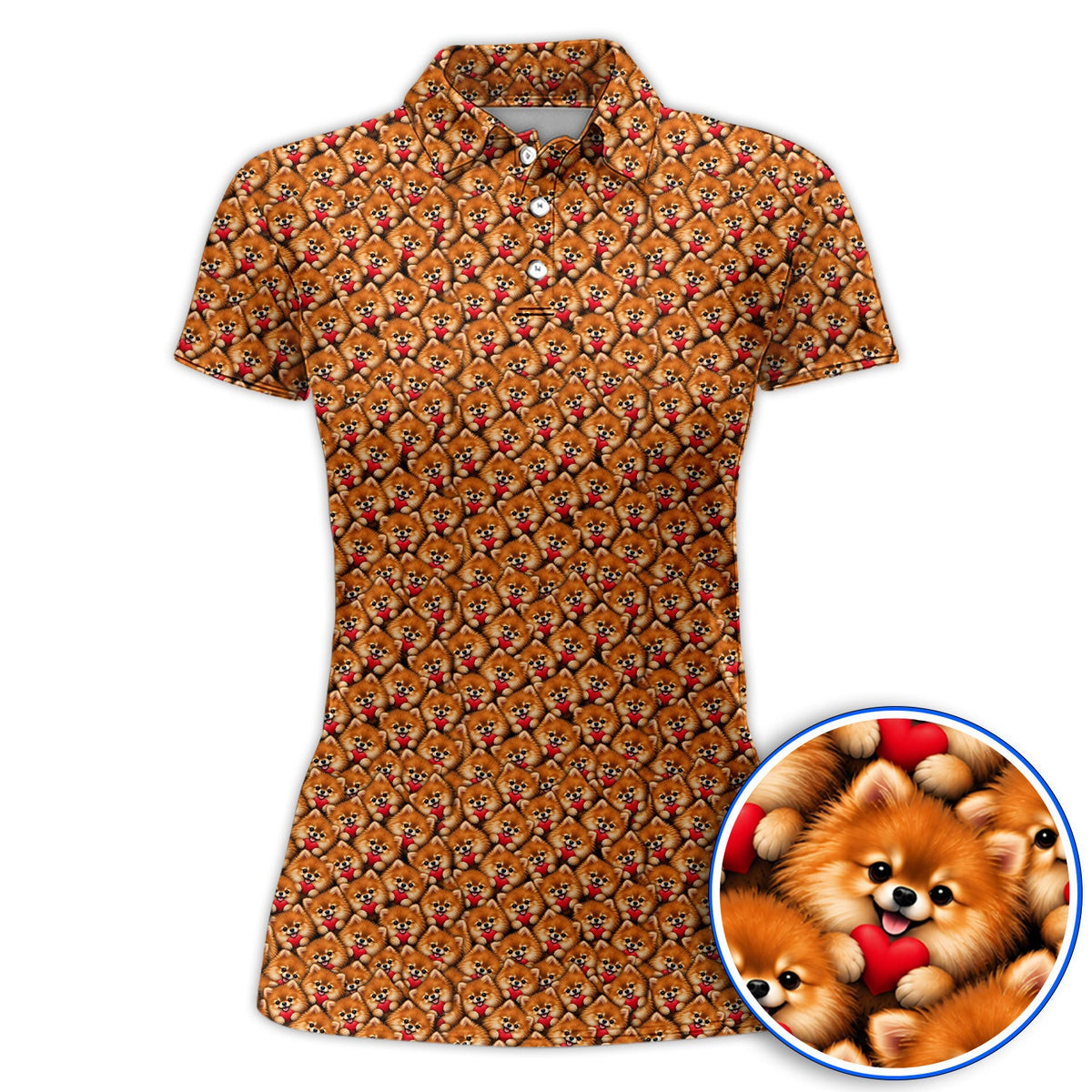 Cute Pomeranian Hearts Pattern Golf Polos, Funny Golf Shirt For Dog Lovers, Golf Gift For Golfers