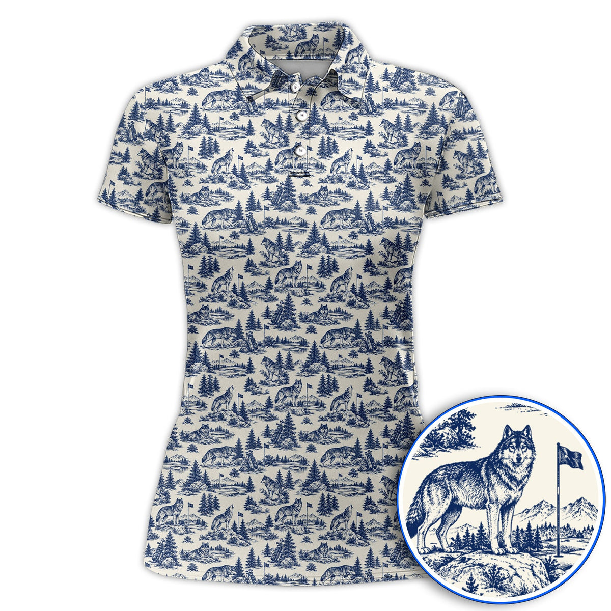 Vintage Wolf Golf Polos, Wilderness Wolf Pattern Golf Shirt, Nature Inspired Golf Gift for Golfers
