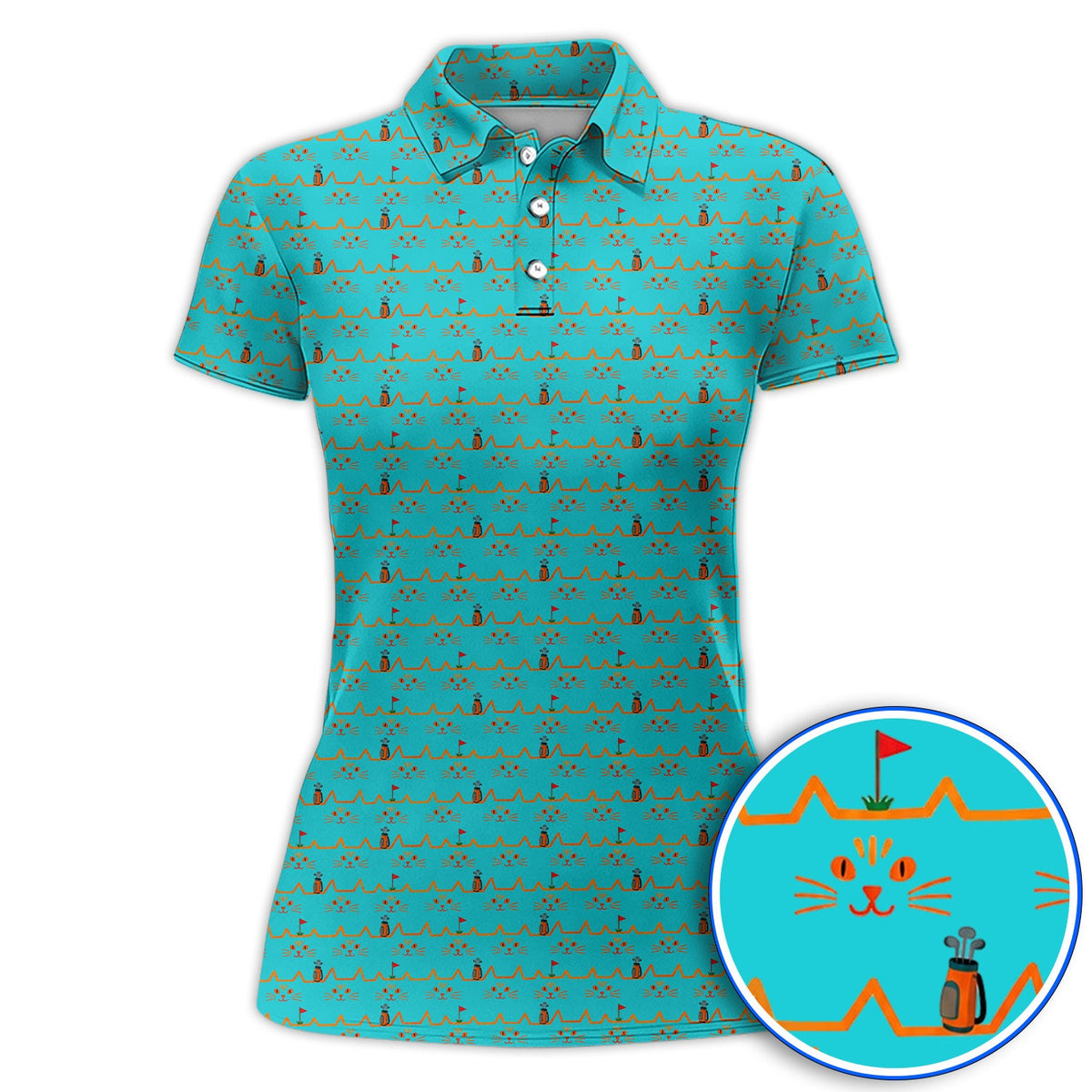 Cat Lover Golf Shirt, Turquoise Cat Face & Golf Bag Pattern Golf Polos, Funny Kitty Golf Gift for Golfers