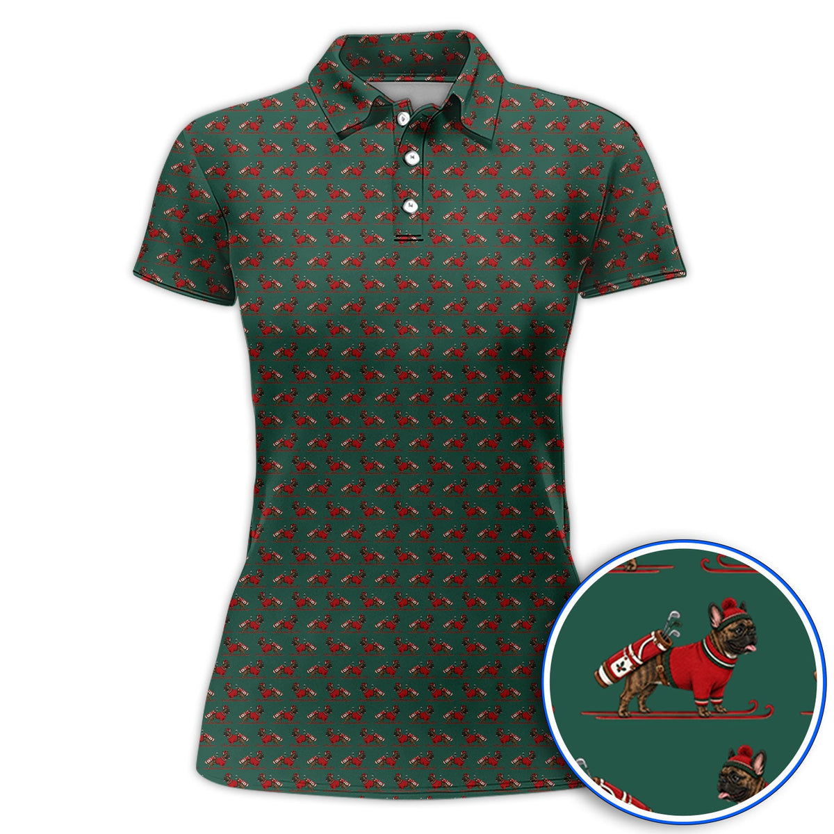 French Bulldog Holiday Golf Polos, Christmas Dog Pattern Golf Shirt, Festive Golf Gift for Golfers