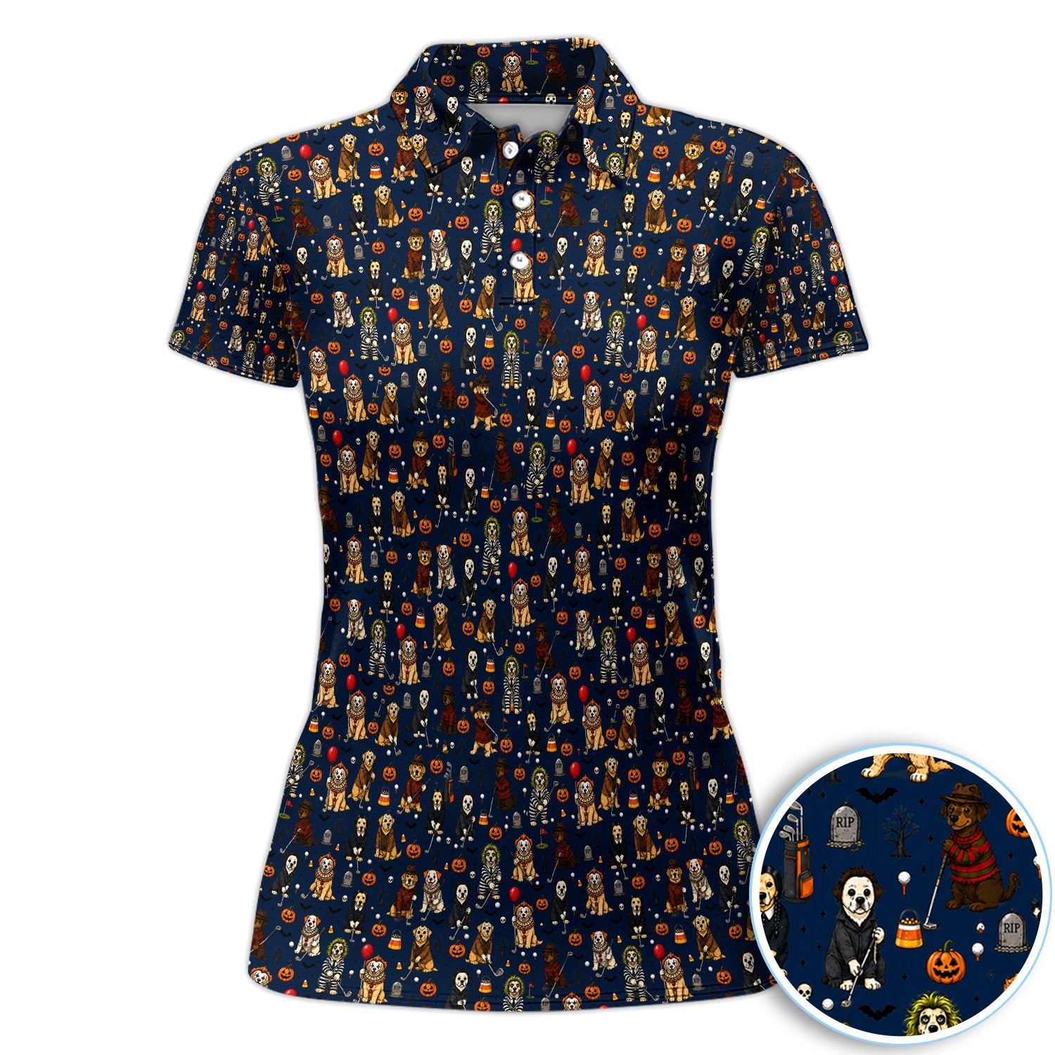 Funny Horror Dog Halloween Golf Pattern Shirt, Spooky Movie Dog Golf Shirt For Women, Halloween Golfer Gift
