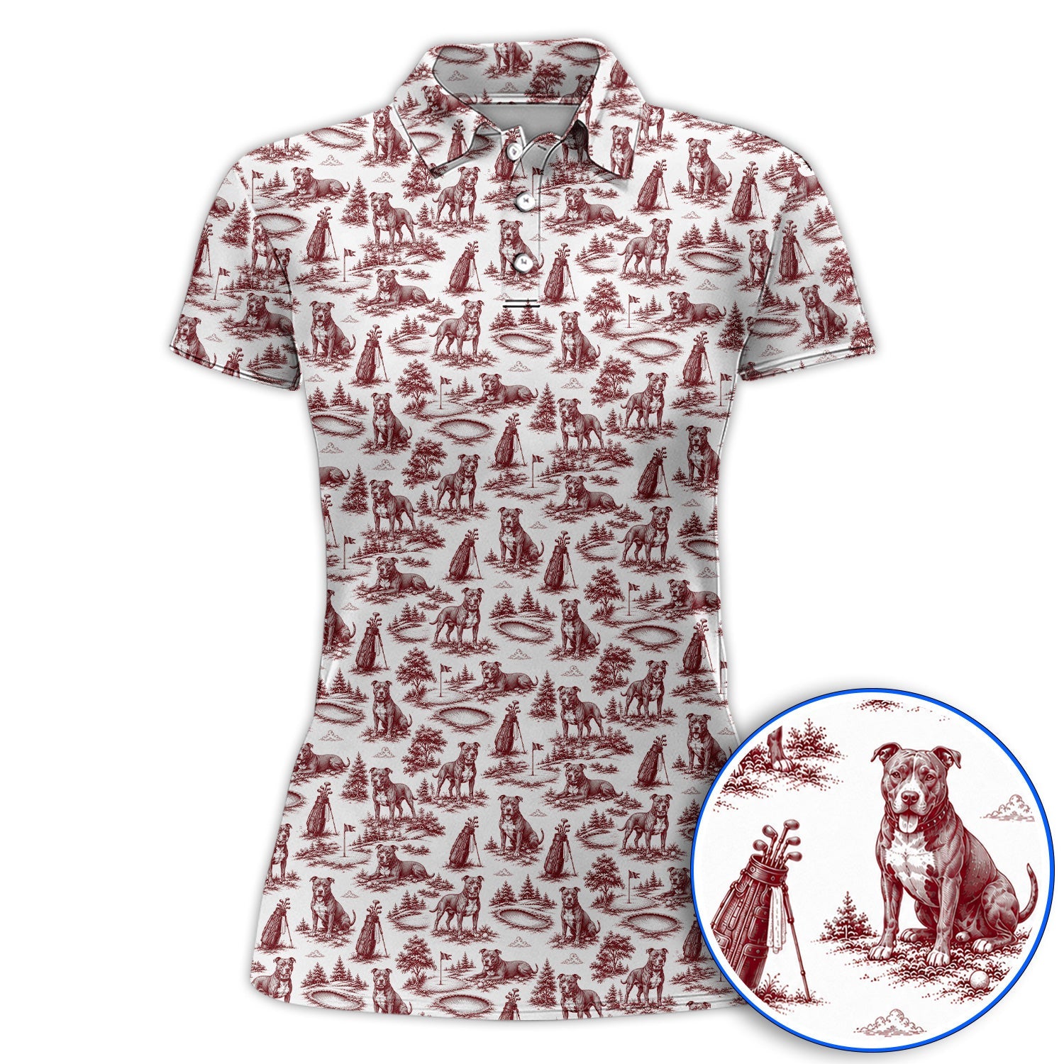 Crazy Pit Bull Golf Polos For Golfer, Toile de Jouy Pit Bull Pattern Golf Shirt, Dog Lover Golf Gift