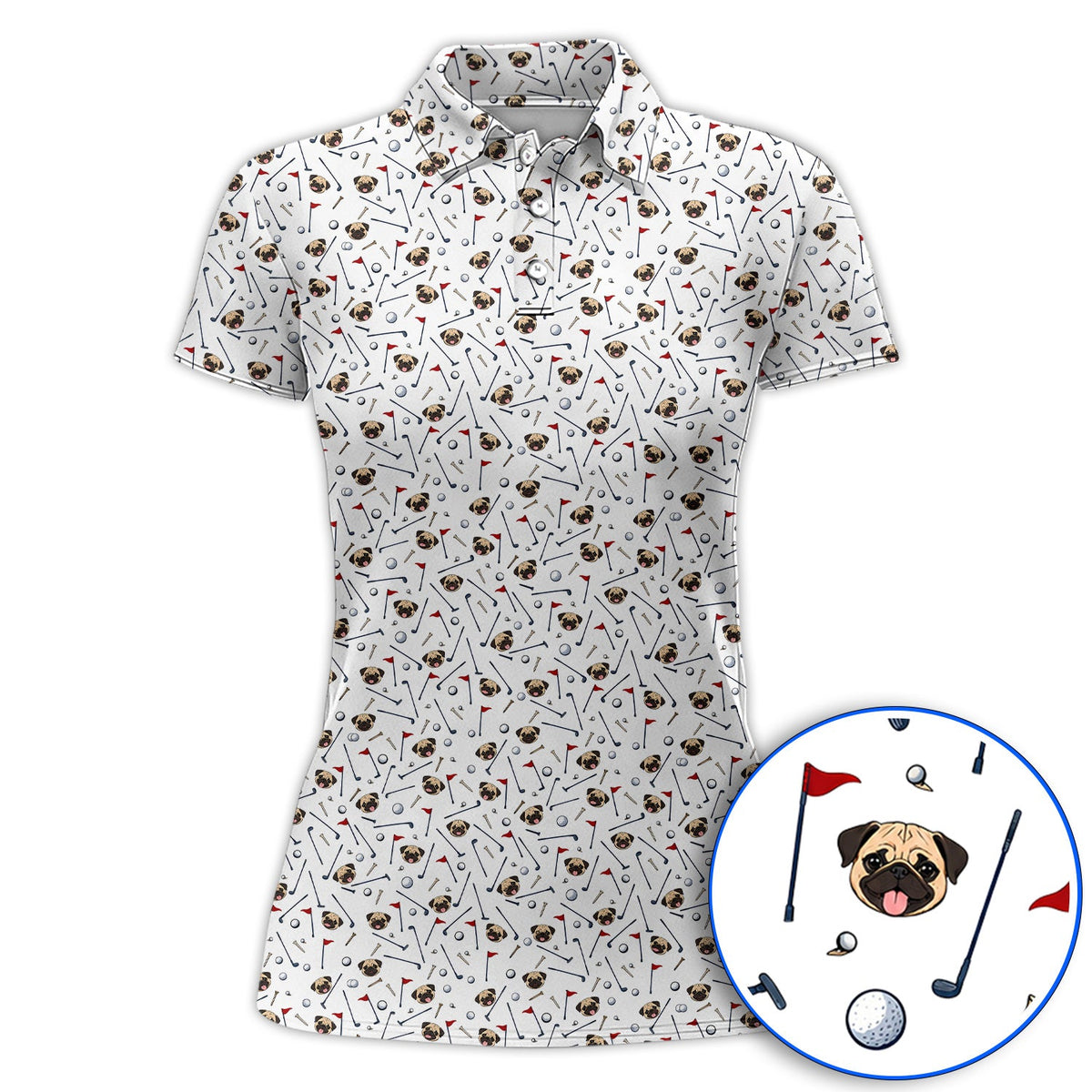 Pug Pattern Golf Polos, Pug Golf Shirt For Dog Lovers, Crazy Golf Gift For Golfers