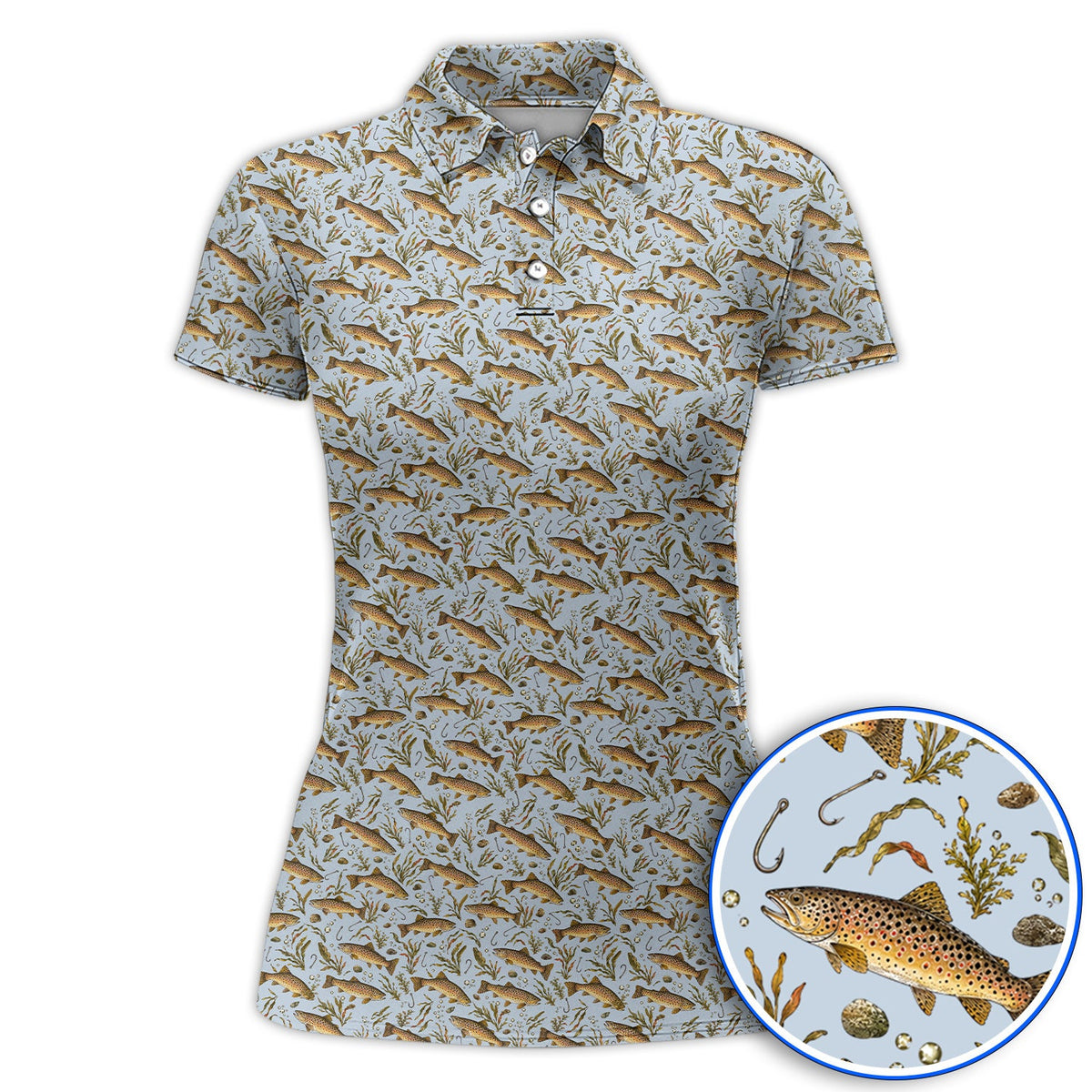 Funny Brown Trout Fishing Golf Polos, Vintage Trout & Fly Fishing Pattern Golf Shirt, Golf Gift For Golfer