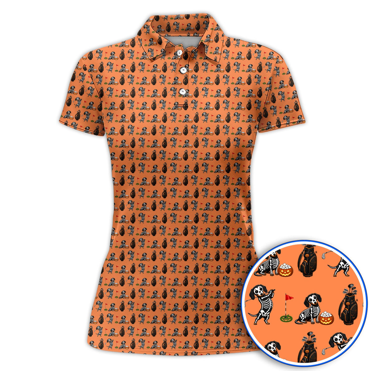 Halloween Dachshund Golf Polos, Skeleton Wiener Dog Pattern Golf Shirt, Funny Golf Gift for Golfer