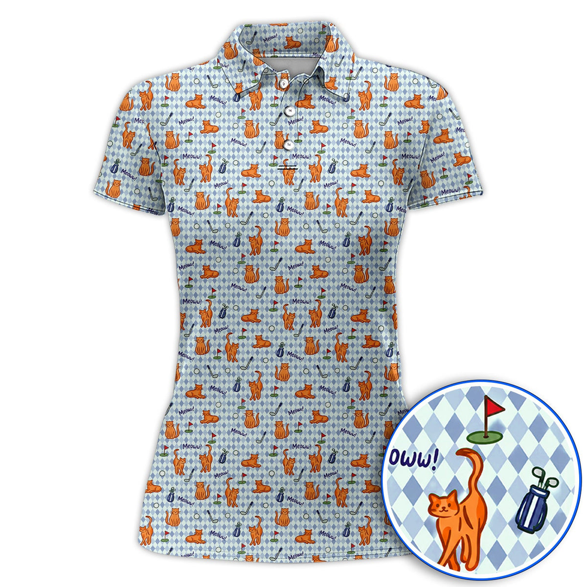 Cute Orange Cat Golf Shirt, Meow Cat And Golf Pattern Polos, Funny Cat Golf Gift For Golfer