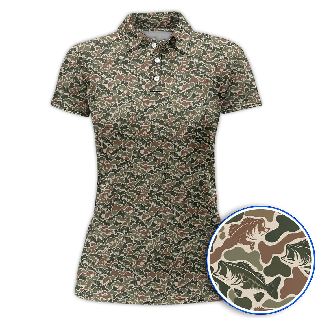 Bass Fishing Camo Pattern Golf Polos, Largemouth Bass Camouflage Golf Shirt, Golf Gift For Golfers