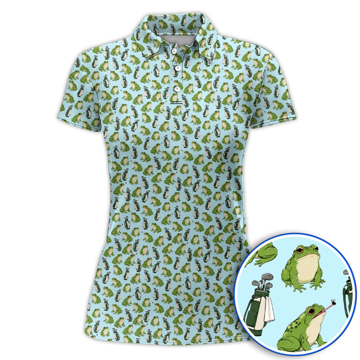 Cute Frog Golf Polos, Playful Frog & Golf Bag Pattern Shirt, Funny Golf Gift For Frog Lovers