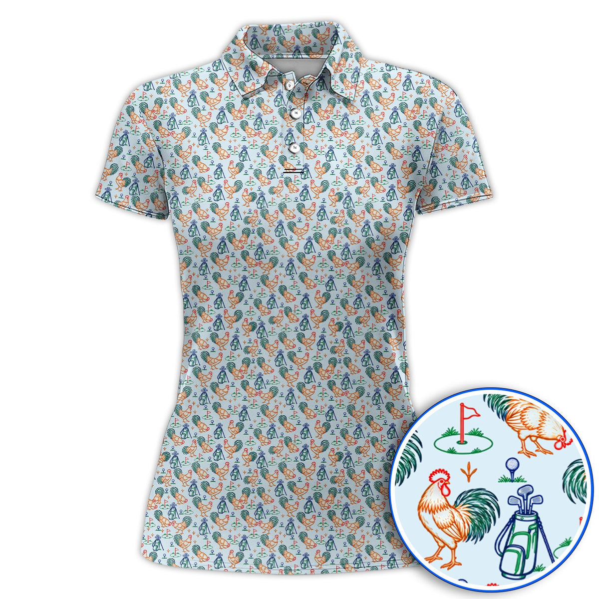 Colorful Rooster Golf Polos, Rooster Pattern Golf Shirt For Chicken Lovers, Funny Golf Gift for Golfers