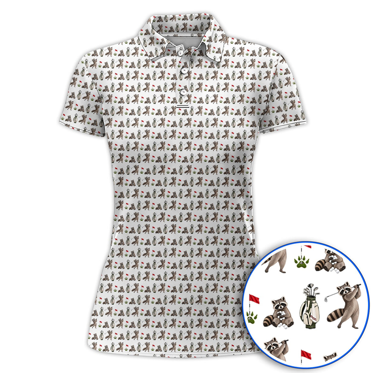 Raccoon Golf Pattern Polos, Funny Raccoon Golf Shirt, Woodland Golf Gift For Golfers