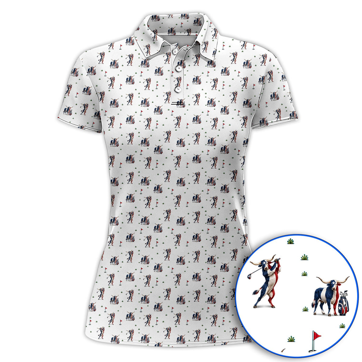 Texas Longhorn Pattern Golf Polos, Patriotic Bull Golf Shirt, Unique Texas Golf Gift For Golfer