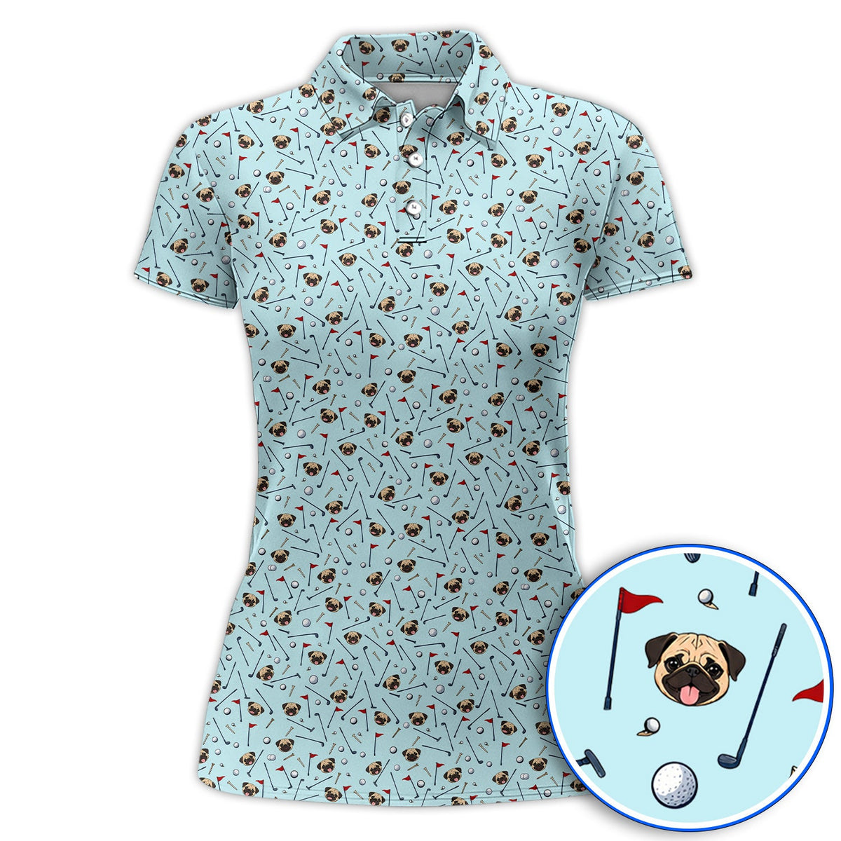 Pug Pattern Golf Polos, Pug Golf Shirt For Dog Lovers, Crazy Golf Gift For Golfers