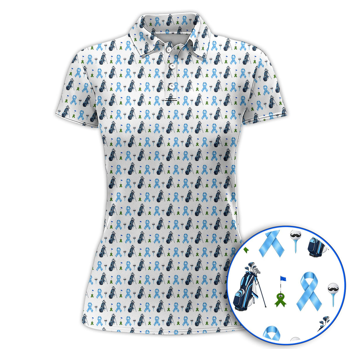 Prostate Cancer Awareness Golf Polos, Blue Ribbon Golf Pattern Shirt, Prostate Cancer Support Gift for Golfers