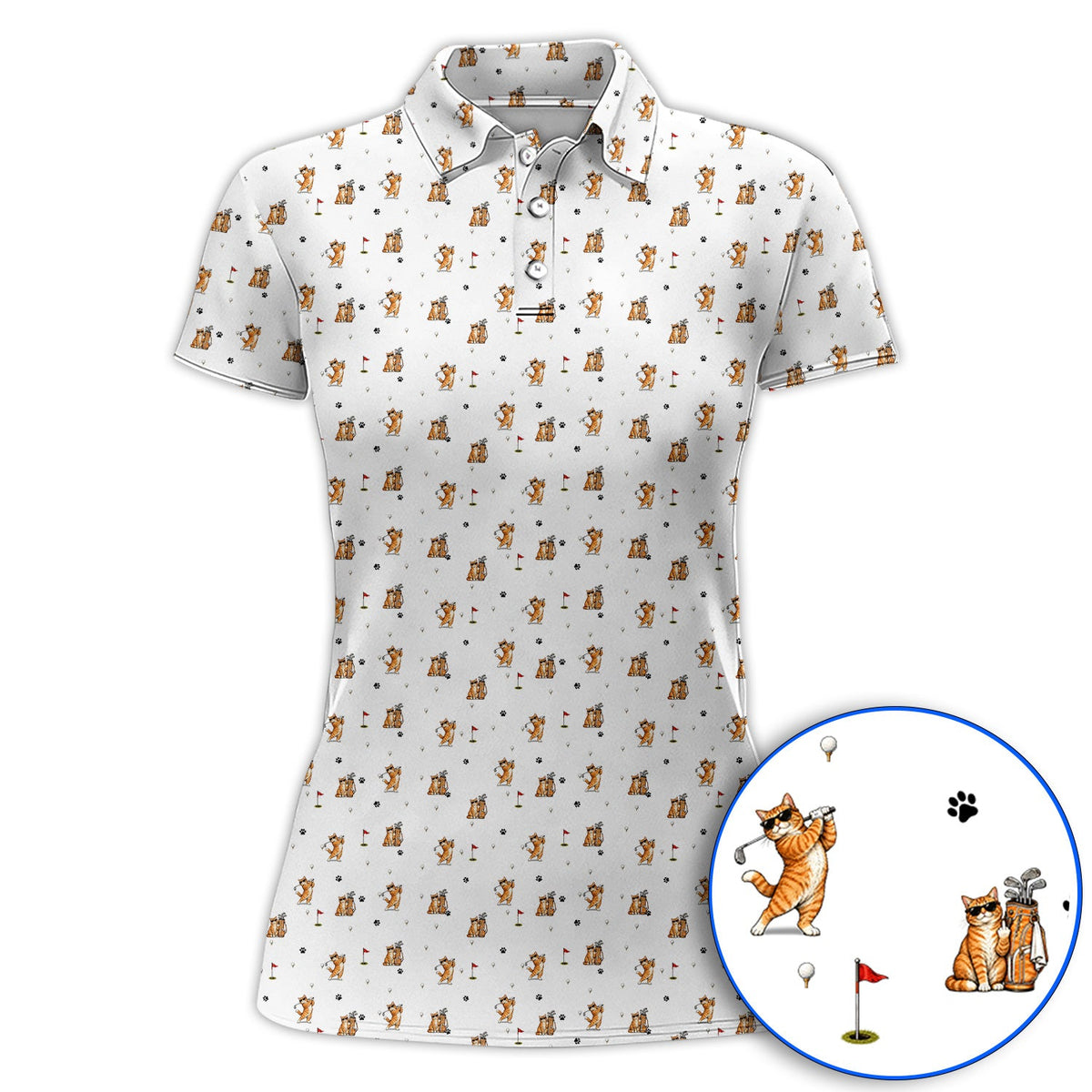 Funny Golf Cat Shirt, Orange Tabby Cat Playing Golf Pattern Polos, Golf Gift For Golfers