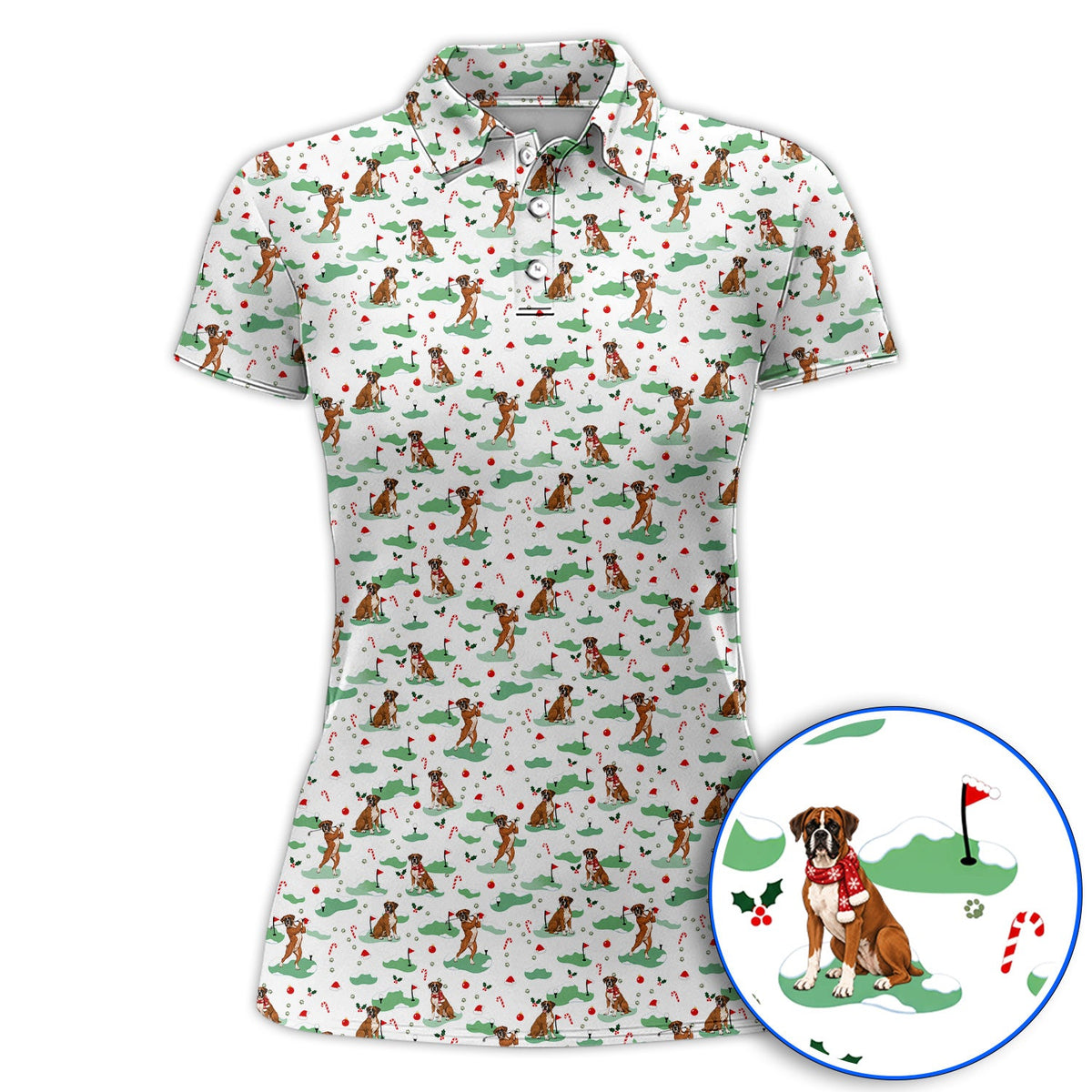 Funny Boxer Christmas Golf Shirt, Xmas Boxer Dog Pattern Golf Polos, Golf Gift For Golfer