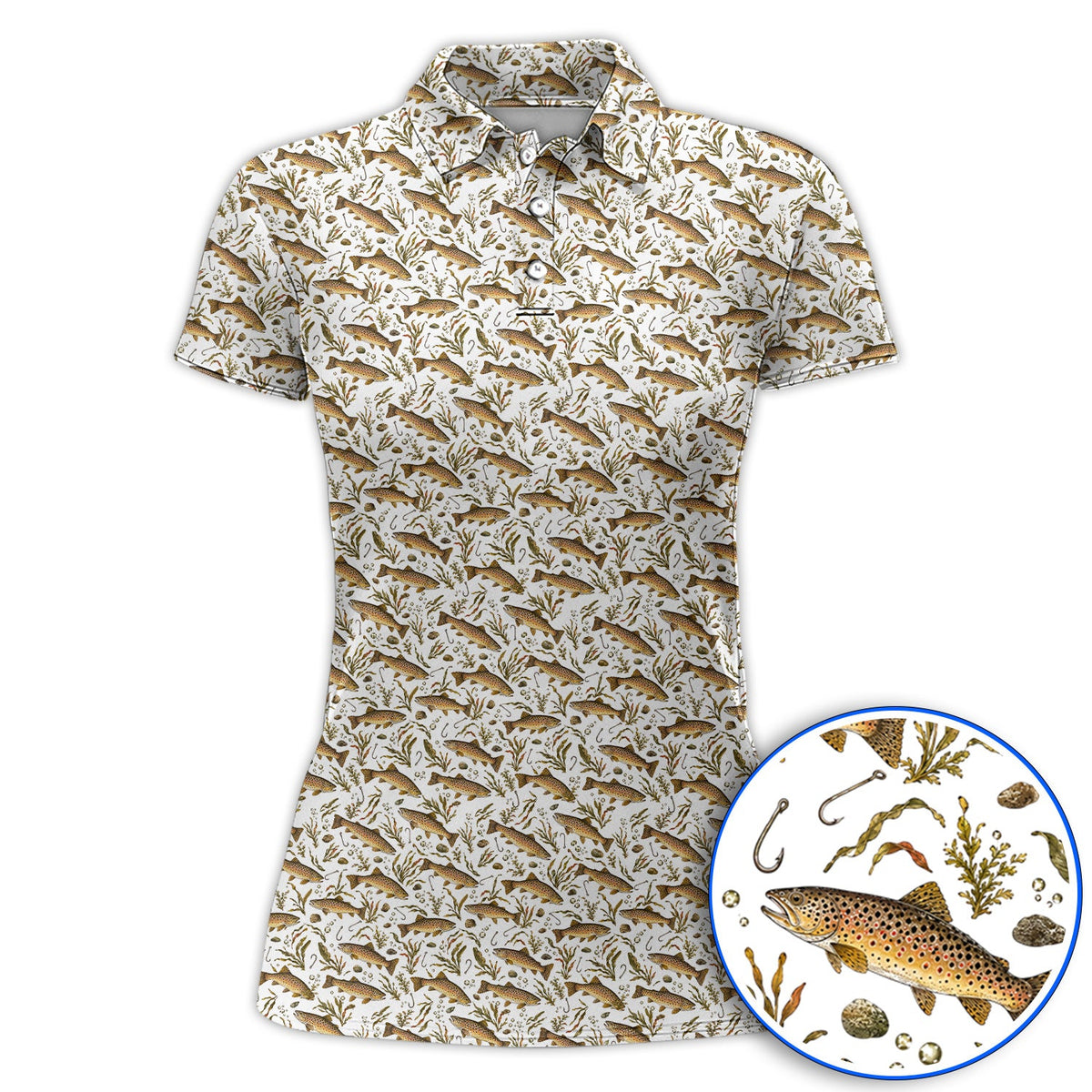 Funny Brown Trout Fishing Golf Polos, Vintage Trout & Fly Fishing Pattern Golf Shirt, Golf Gift For Golfer