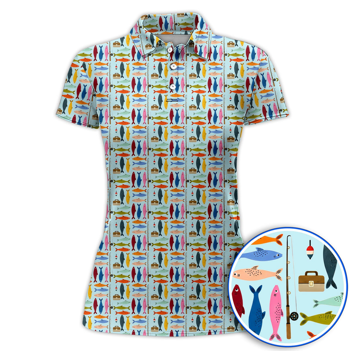 Colorful Fish Pattern Golf Polos, Fishing Rod Pattern Golf Polos, Crazy Golf Gift For Anglers and Fishermen