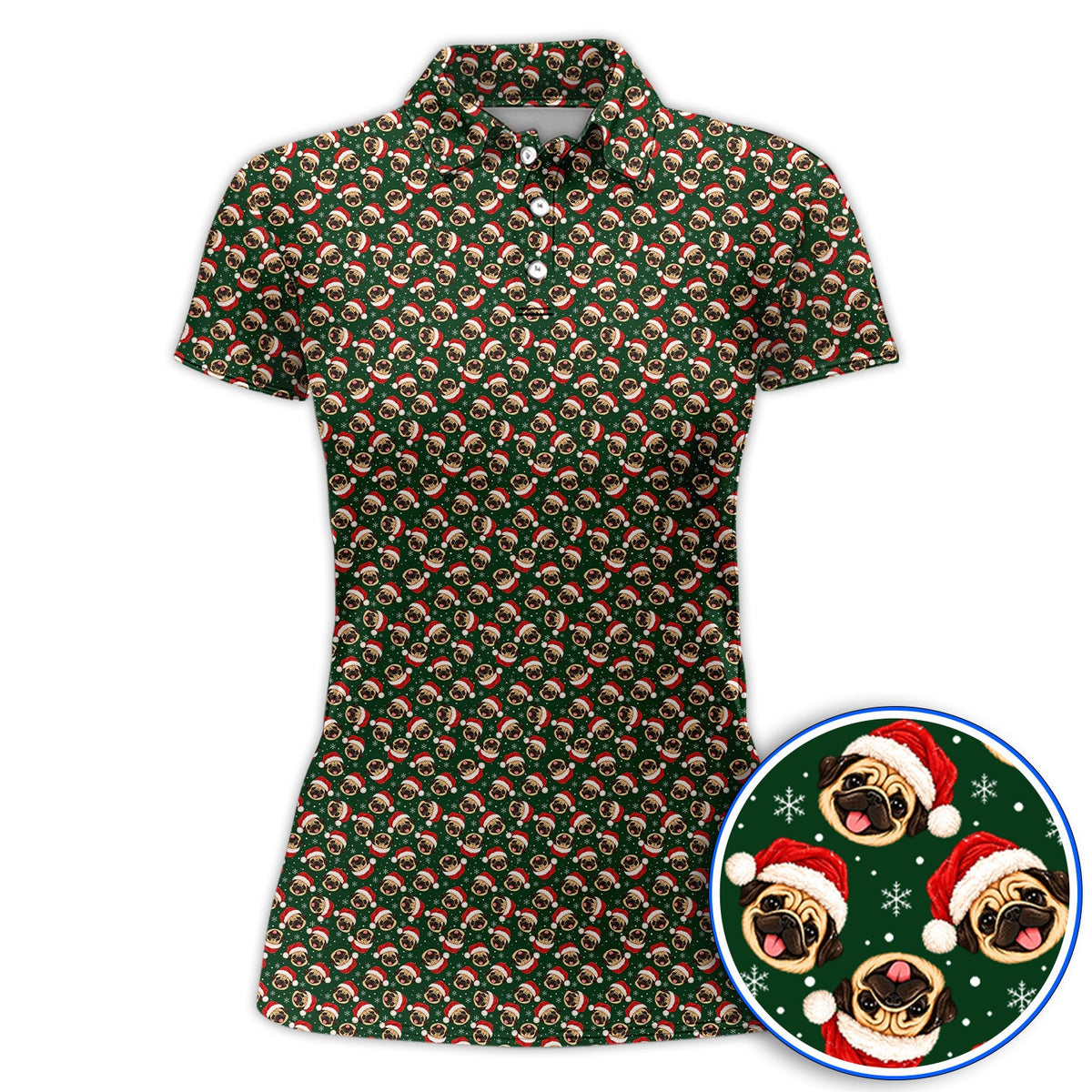 Funny Christmas Pug Golf Polos, Pug Pattern Golf Shirt For Dog Lovers, Xmas Golf Gift For Golfers