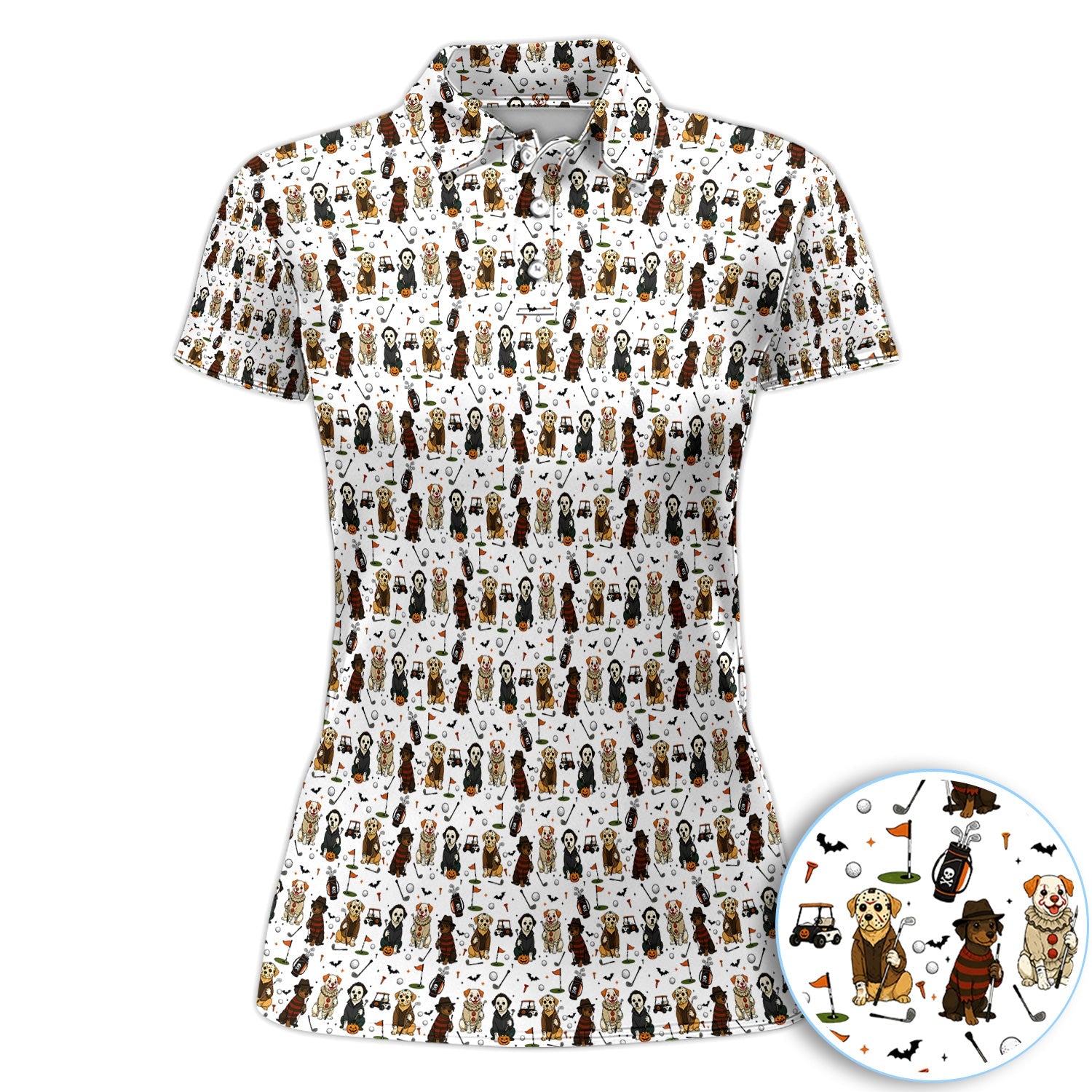 Spooky Slasher Dog Golf Pattern Shirt, Horror Pup Golf Polo For Women, Halloween Golf Lover Gift