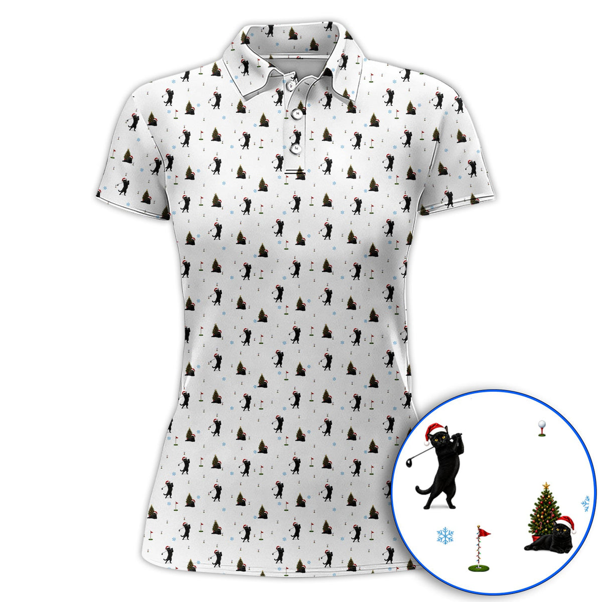 Black Cat Christmas Golf Shirt, Funny Cat Pattern Golf Polos, Xmas Golf Gift for Golfers
