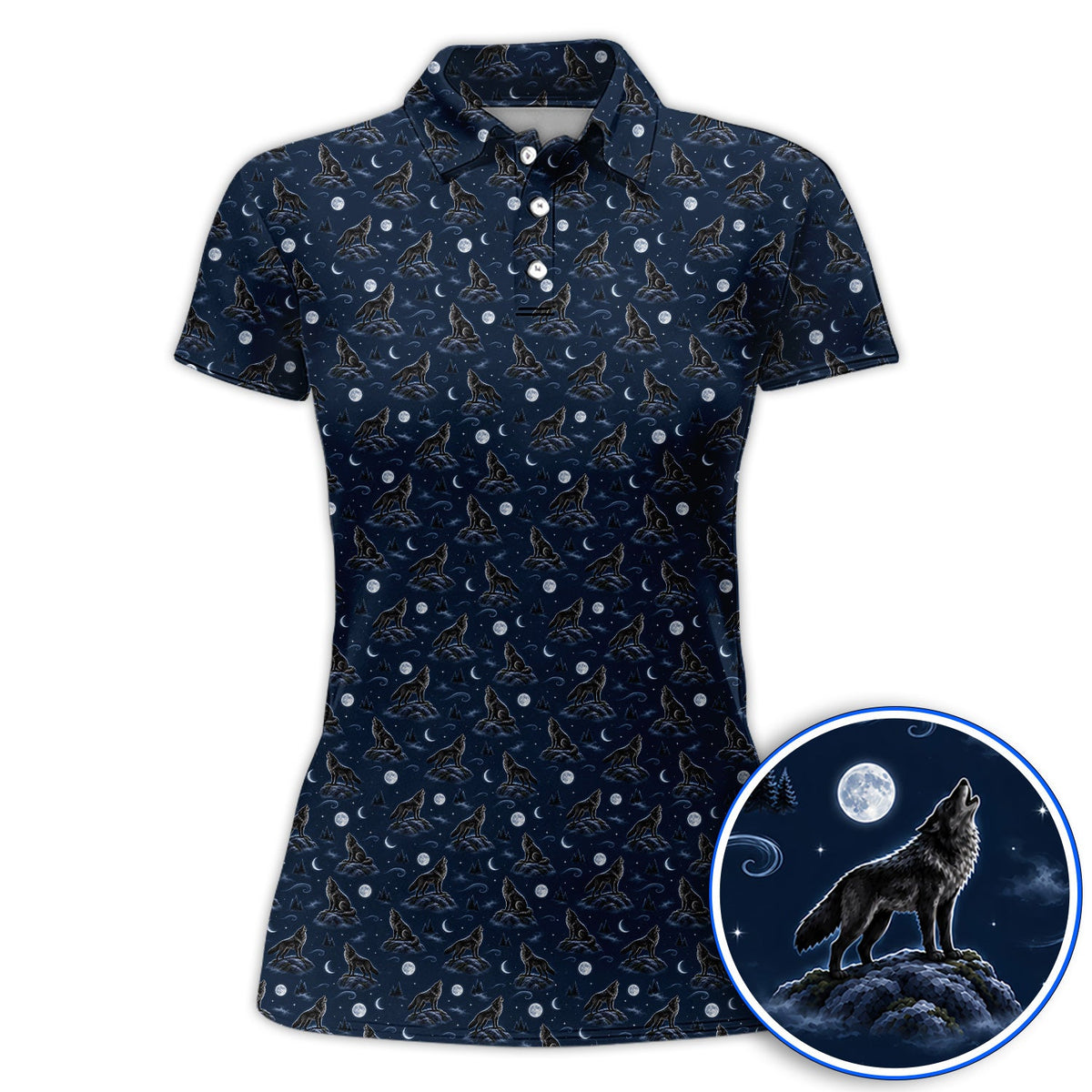 Howling Wolf Golf Polos, Moonlight Wolf Pattern Golf Shirt, Crazy Golf Gift for Golfer