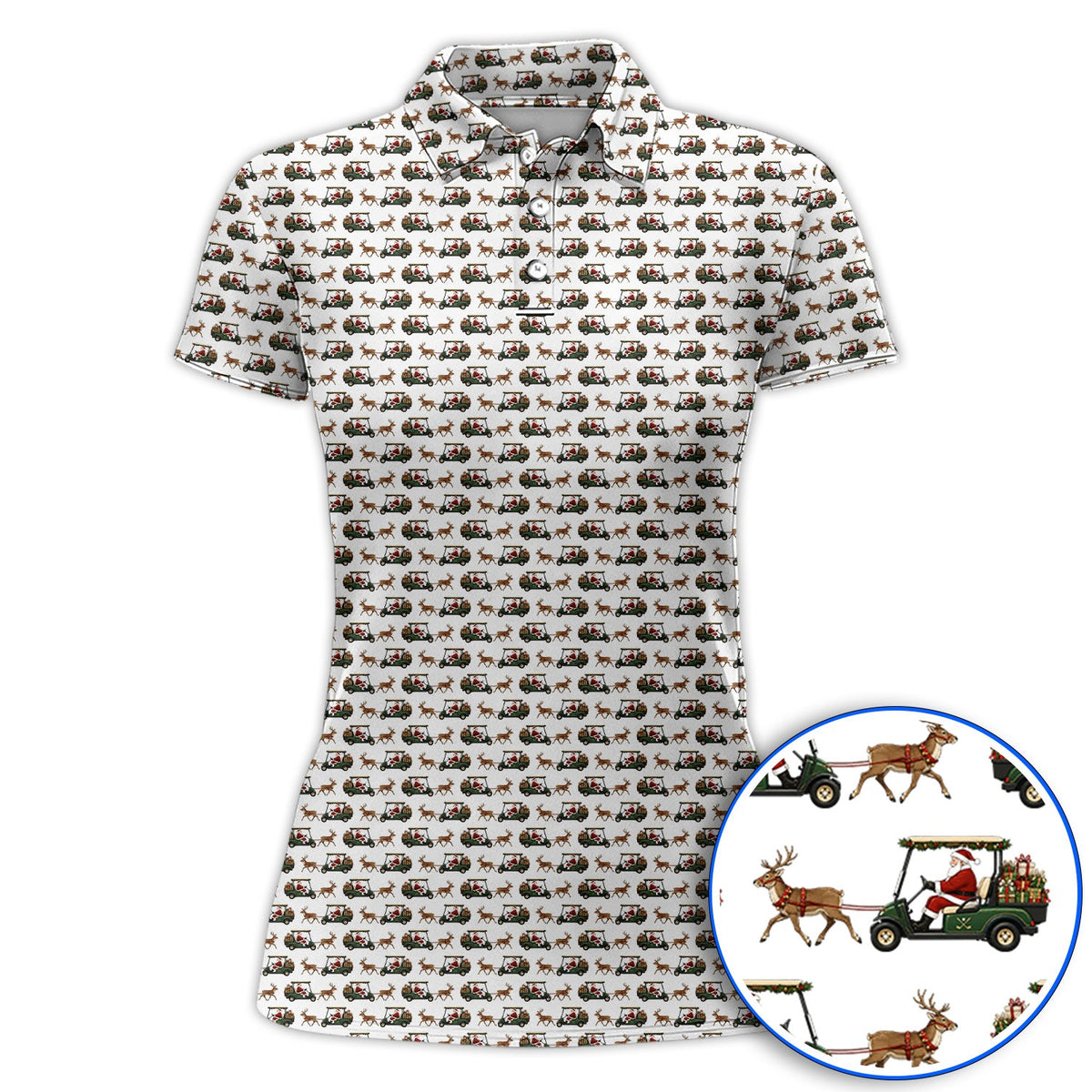 Santa Reindeer Golf Cart Polos, Xmas Pattern Golf Shirt, Crazy Christmas Golf Gift