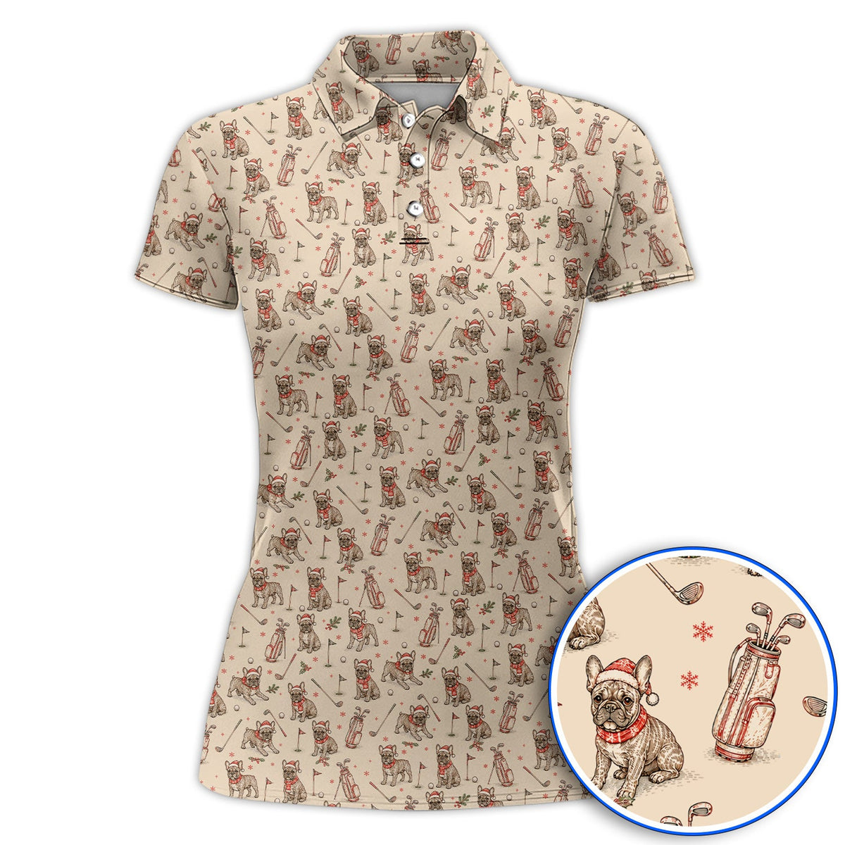 French Bulldog Christmas Golf Polos, Vintage Holiday Dog Pattern Golf Shirt, Xmas Golf Gift for Golfers