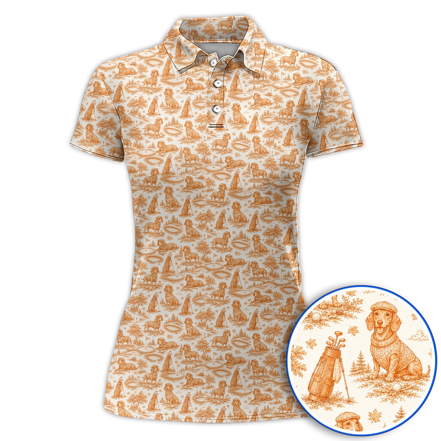 Dachshund Toile de Jouy Golf Polos, Autumn Wiener Dog Pattern Golf Shirt, Crazy Golf Gift For Golfer