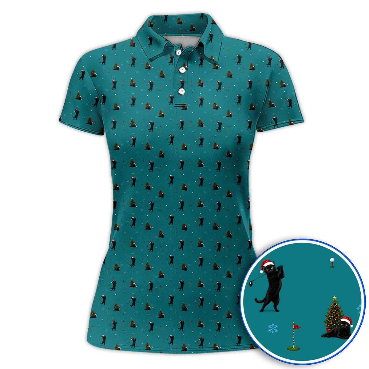 Black Cat Christmas Golf Shirt, Funny Cat Pattern Golf Polos, Xmas Golf Gift for Golfers