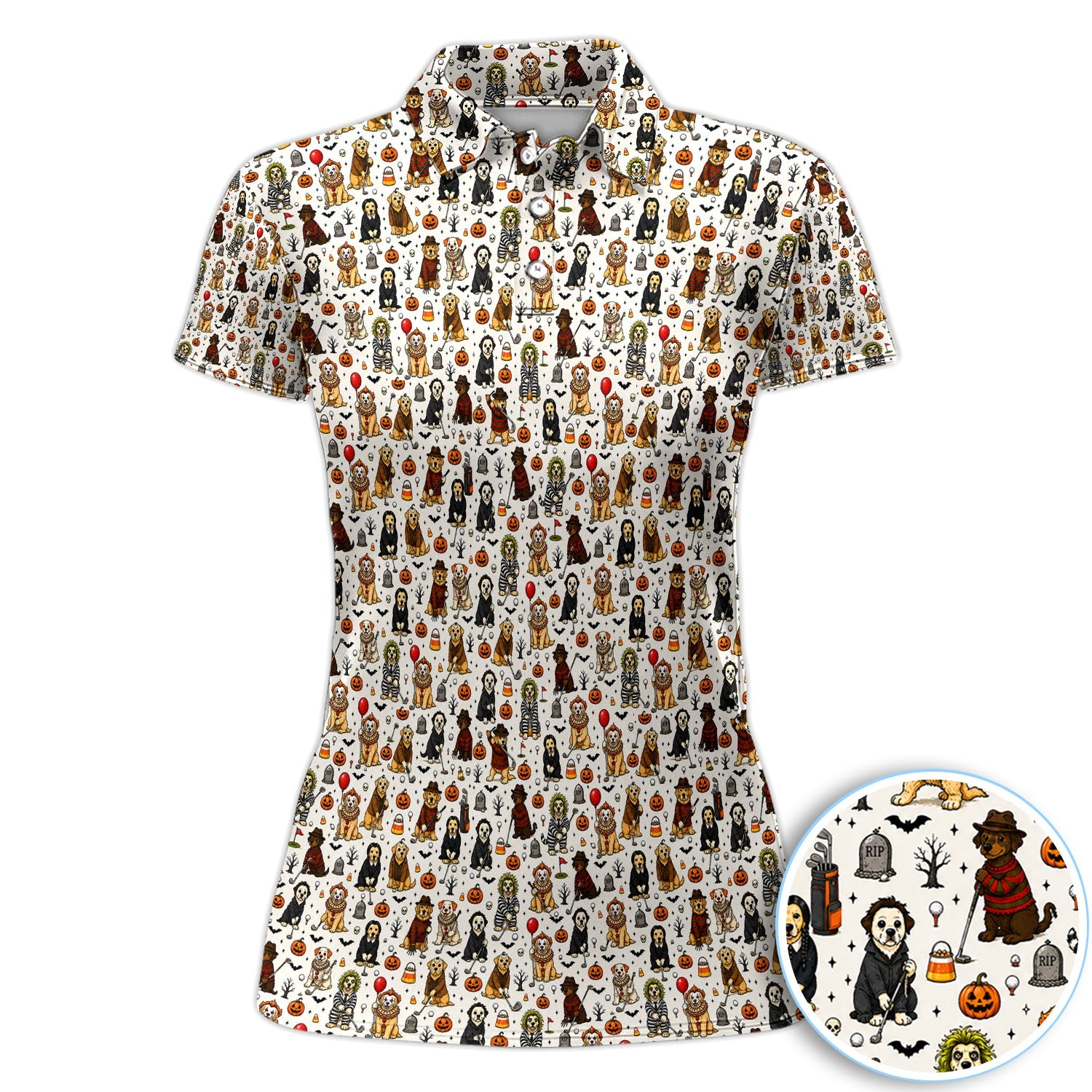 Funny Horror Dog Halloween Golf Pattern Shirt, Spooky Movie Dog Golf Shirt For Women, Halloween Golf Gift