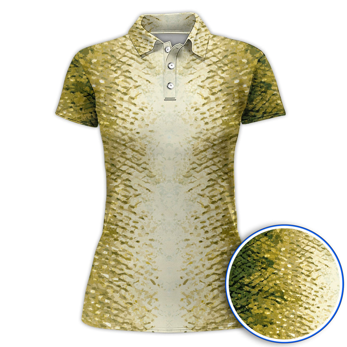 Bass Fishing Pattern Golf Polos, Golden Green Bass Fish Scale Golf Shirt, Golf Gift For Fishers