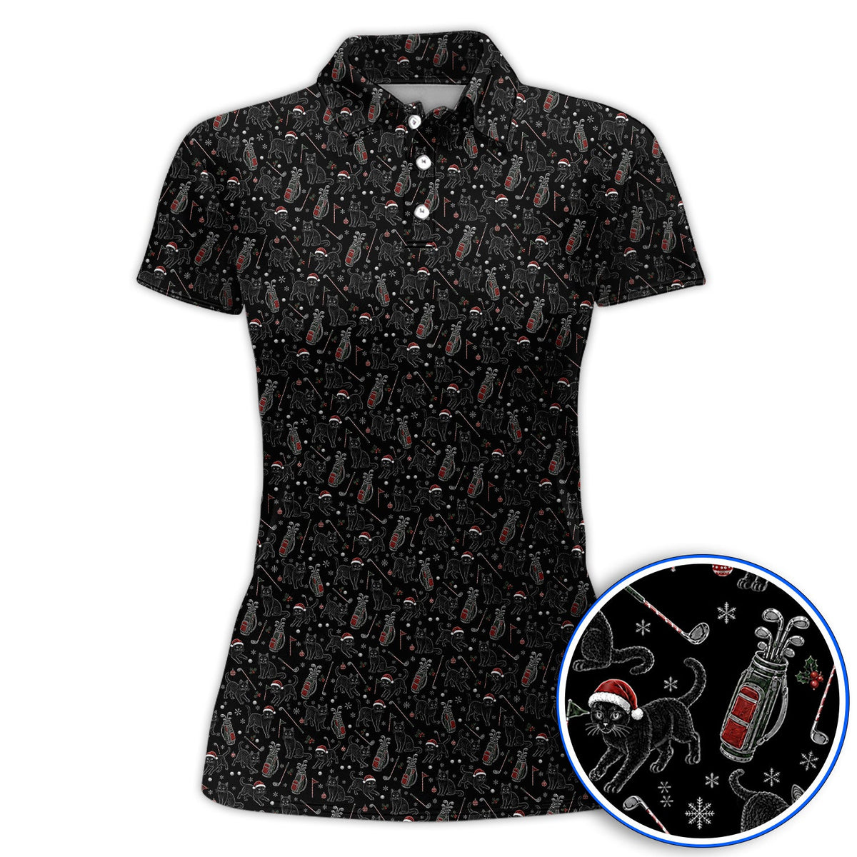Funny Black Cat Christmas Golf Polos, Holiday Pattern Golf Shirt, Xmas Golf Gift For Golfers