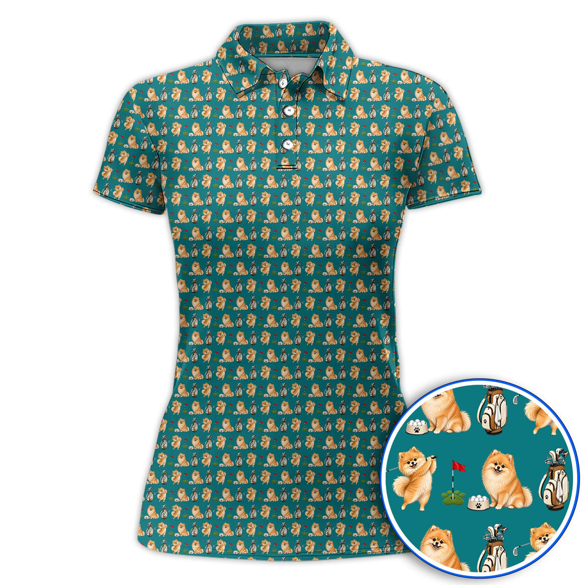 Pomeranian Pattern Golf Polos, Pomeranian Dog Golf Shirt, Golf Gift For Golfer