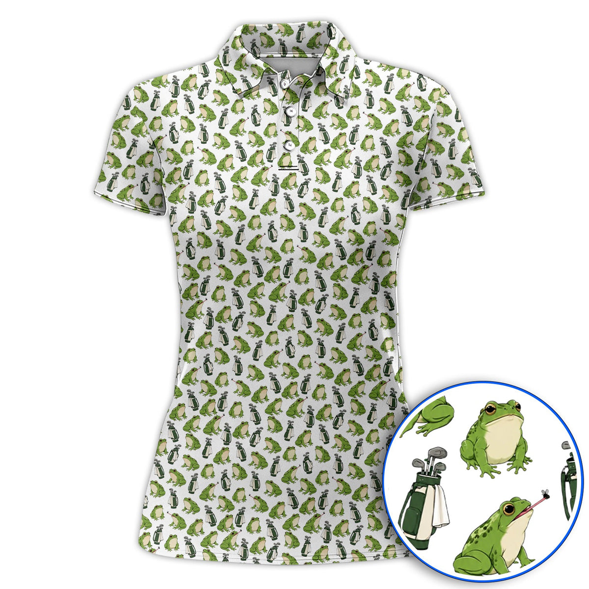 Cute Frog Golf Polos, Playful Frog & Golf Bag Pattern Shirt, Funny Golf Gift For Frog Lovers