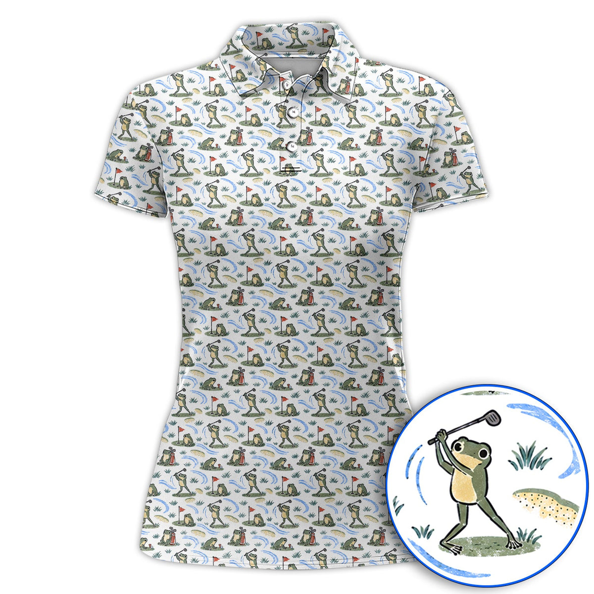 Playful Frog Golf Shirt, Vintage Frog Golf Pattern Polos, Golf Gift For Golf Lovers