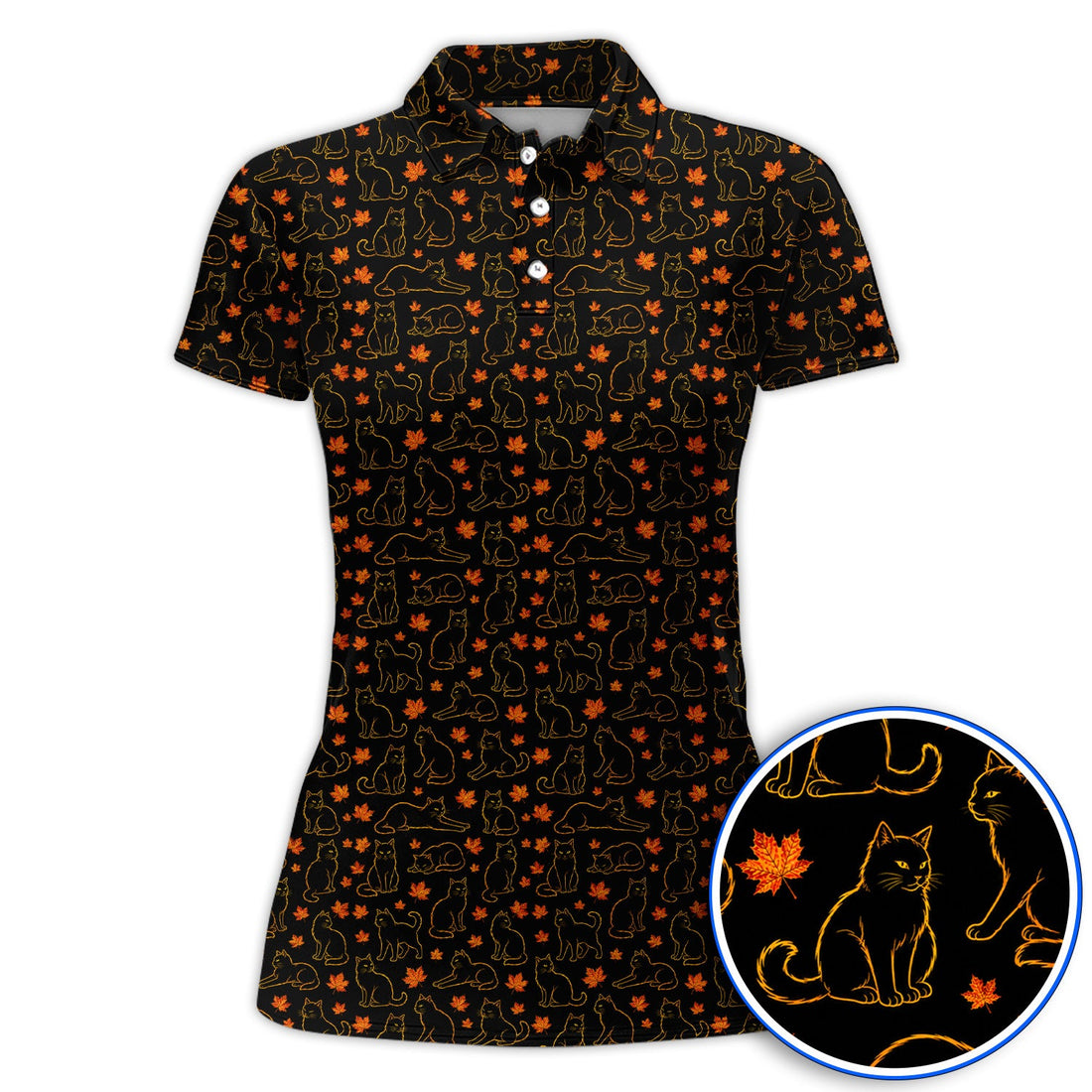 Autumn Black Longhair Cat Golf Polos, Black Longhair Cat Pattern Golf Shirt, Cat Lovers Golf Gift