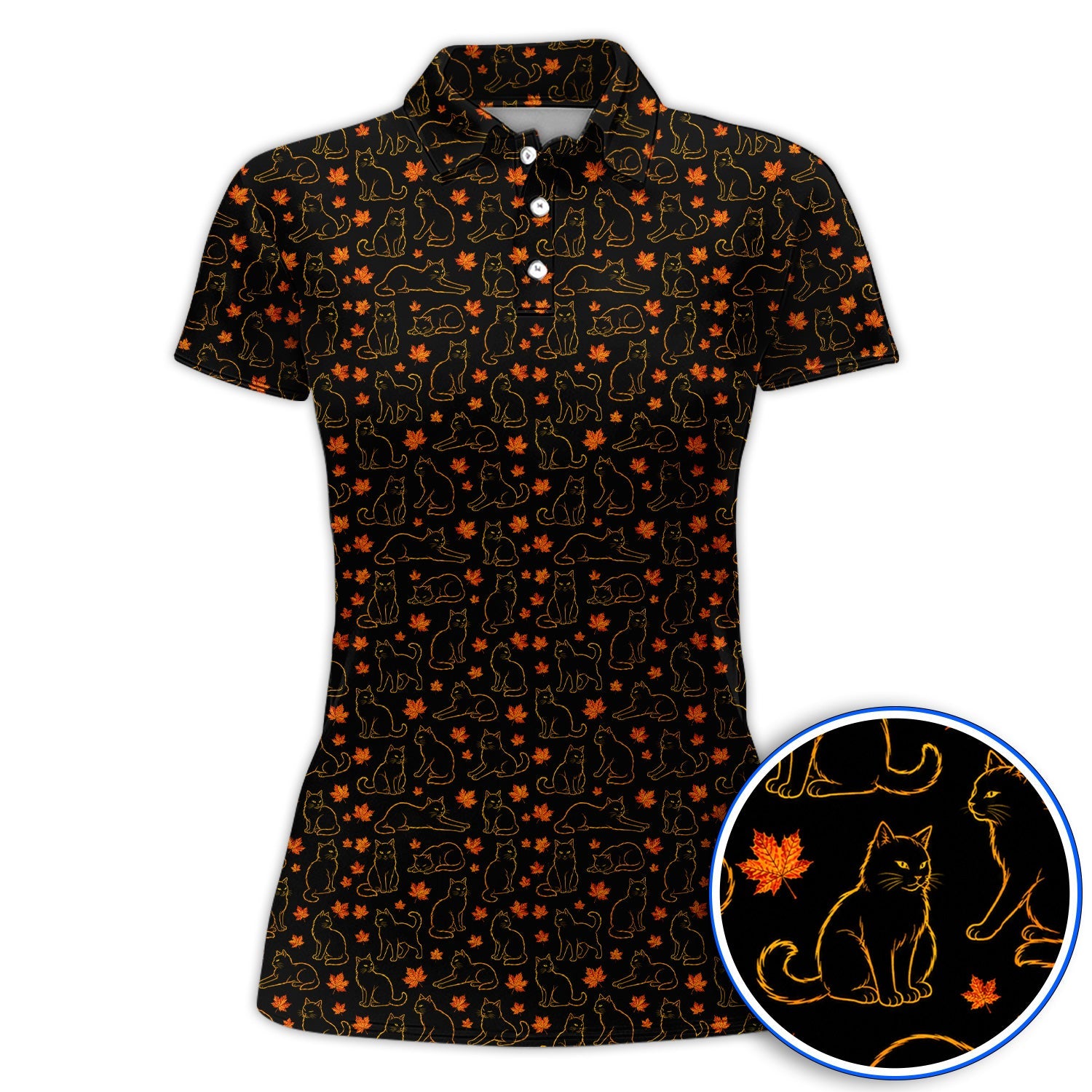 Autumn Black Longhair Cat Golf Polos, Black Longhair Cat Pattern Golf Shirt, Cat Lovers Golf Gift