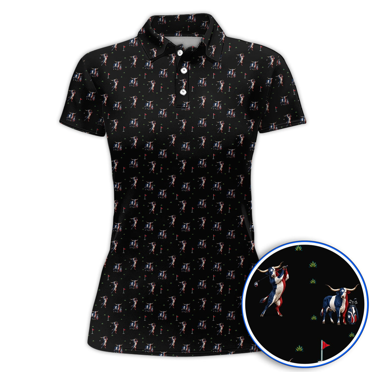 Texas Longhorn Pattern Golf Polos, Patriotic Bull Golf Shirt, Unique Texas Golf Gift For Golfer