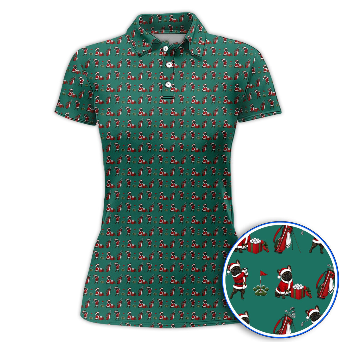 Christmas French BullDog Pattern Golf Polos, Funny Santa French BullDog Holiday Golf Shirt, Xmas Golf Gift For Golfers