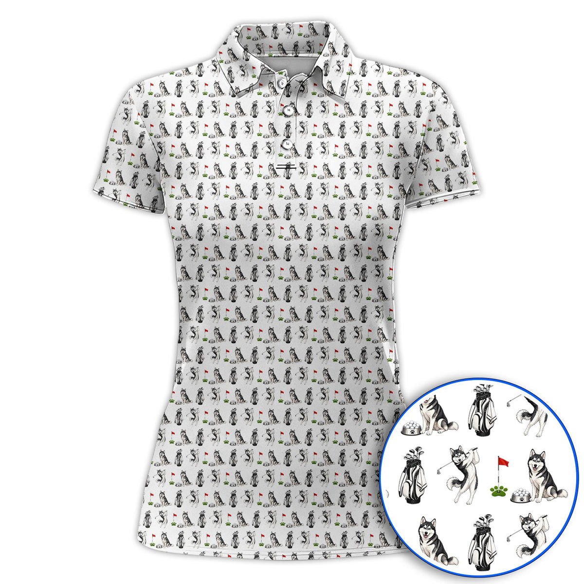 Funny Husky Golf Polos, Husky Sibir Pattern Golf Shirt For Dog Lover, Golf Gift For Golfer