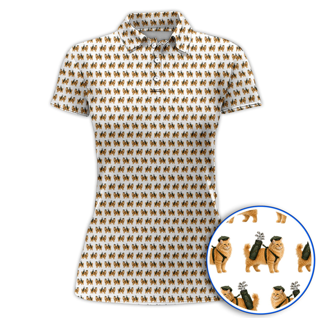 Ginger Long Hair Cat Golf Polos, Cute Orange Cat Pattern Golf Shirt for Cat Lovers, Golf Gift for Long Haired Cat Owners