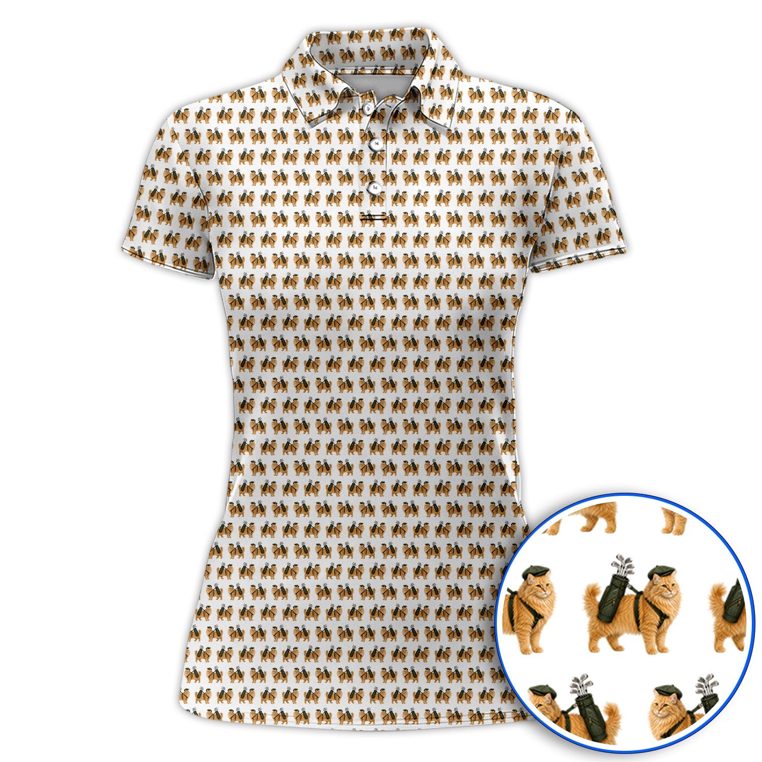 Ginger Long Hair Cat Golf Polos, Cute Orange Cat Pattern Golf Shirt for Cat Lovers, Golf Gift for Long Haired Cat Owners