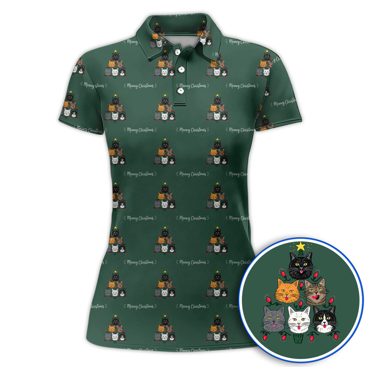 Meowy Christmas Cat Golf Polos, Festive Cat Christmas Pattern Golf Shirt, Xmas Golf Gift For Cat Lovers