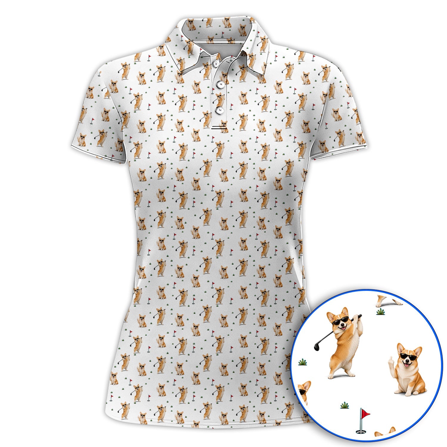 Funny Corgi Pattern Golf Polos, Pembroke Welsh Corgi Golf Shirt, Golf Gift For Golfer
