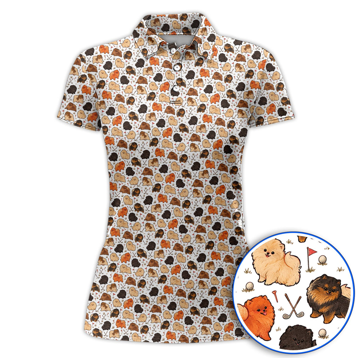 Funny Pomeranian Golf Polos, Pom Dog & Golf Pattern Shirt, Golf Gift For Golfer