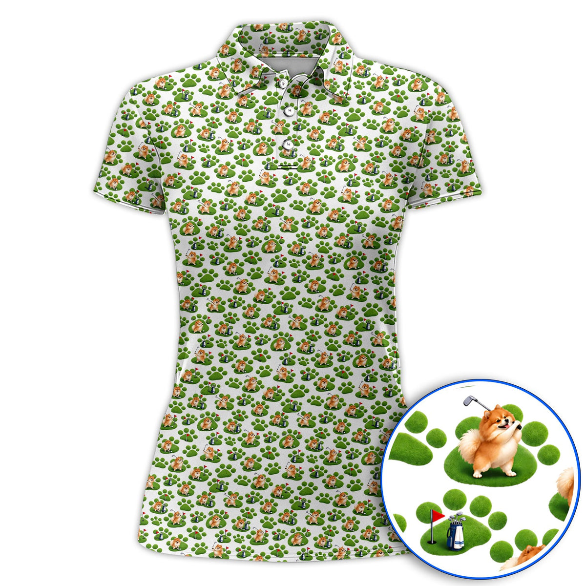 Pomeranian Paw Pattern Golf Polos, Cute Fluffy Pom Dog Pattern Golf Shirt, Crazy Golf Gift For Golfers