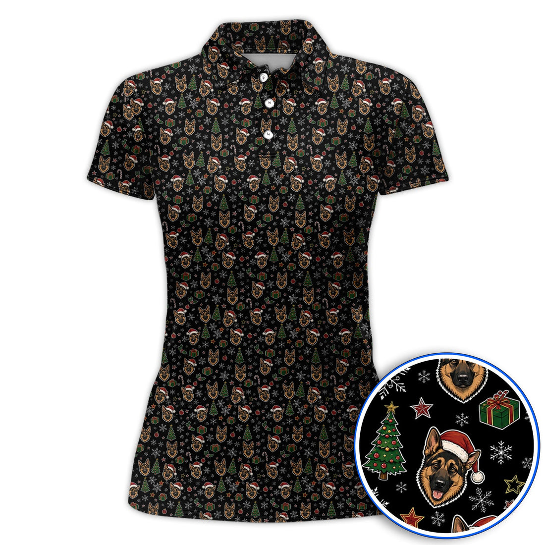 Funny German Shepherd Christmas Golf Shirt, German Shepherd Pattern Golf Polos, Xmas Golf Gift For Golfer
